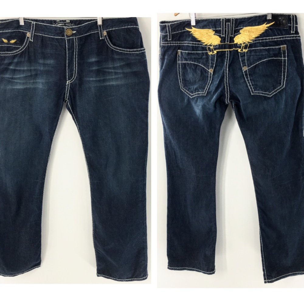 Robins Jeans Mens Blue Classic Embroidered Gold Wings Heavy Stitching 44 x 35